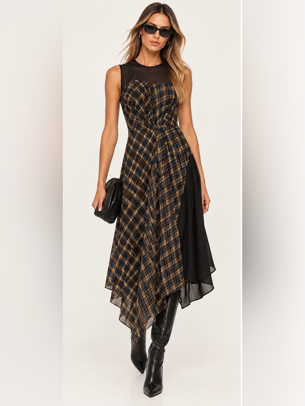 French Connection Mixed Media Plaid Asymmetrical Dress Size US 6